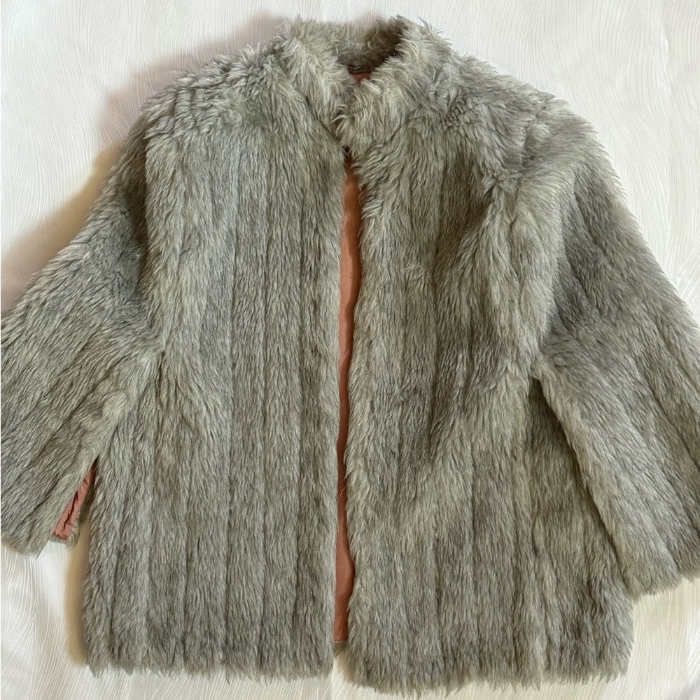 Vintage Monteza Gray Faux Fur Coat Pink Satin Lining Mexico 60s 70s Rare S/M EUC